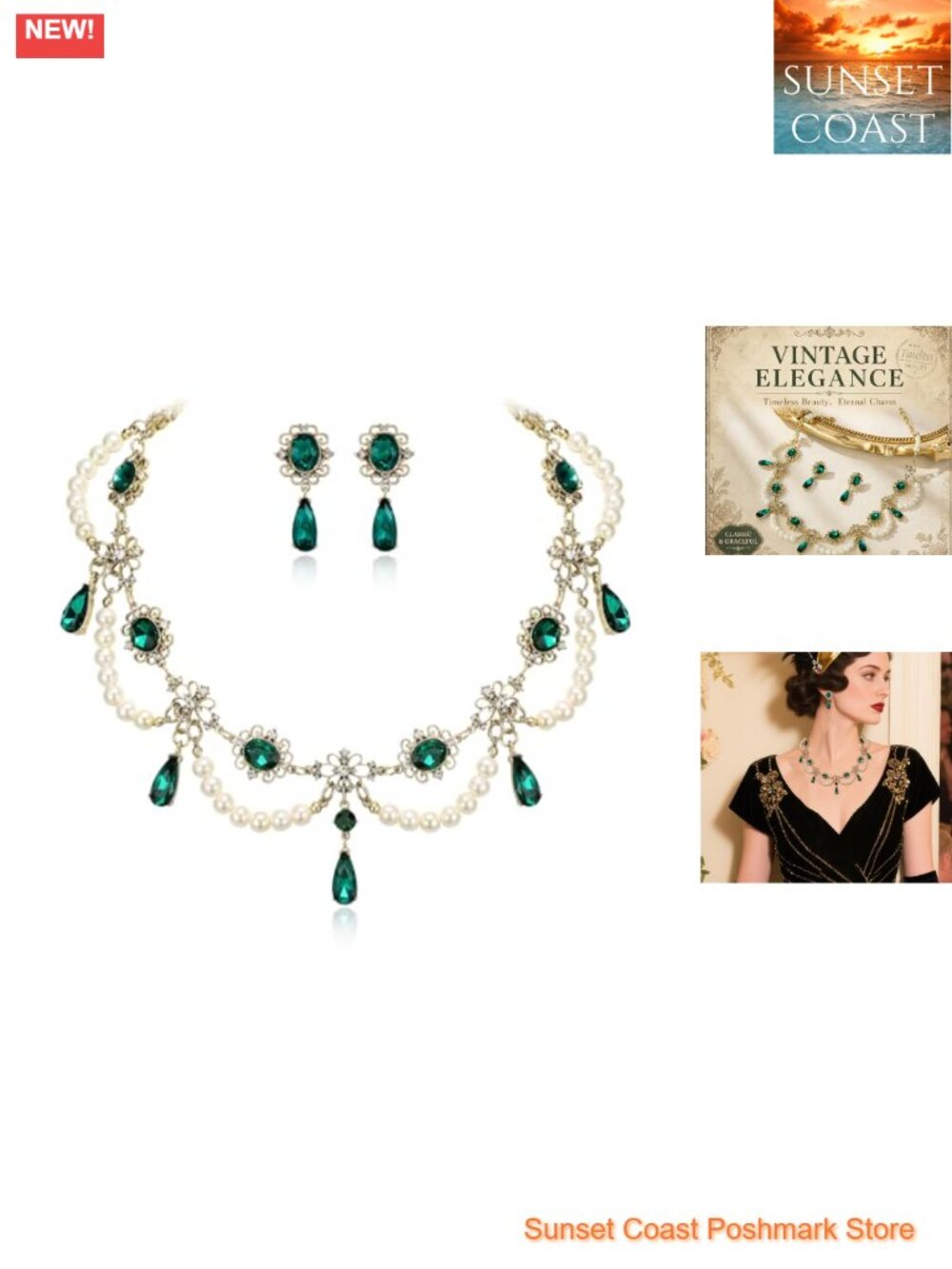 Faux Pearl & Crystal Gothic Costume Jewelry Set Necklace Earrings